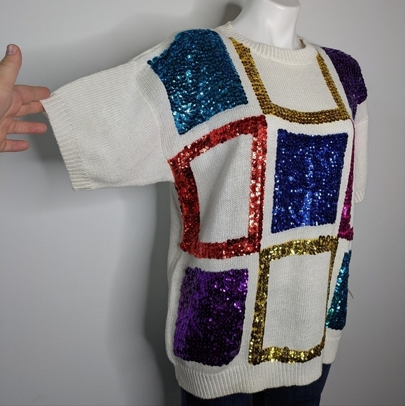 NWT All Points Dead stock white colorful sequin short sleeve sweater L - Picture 3 of 9